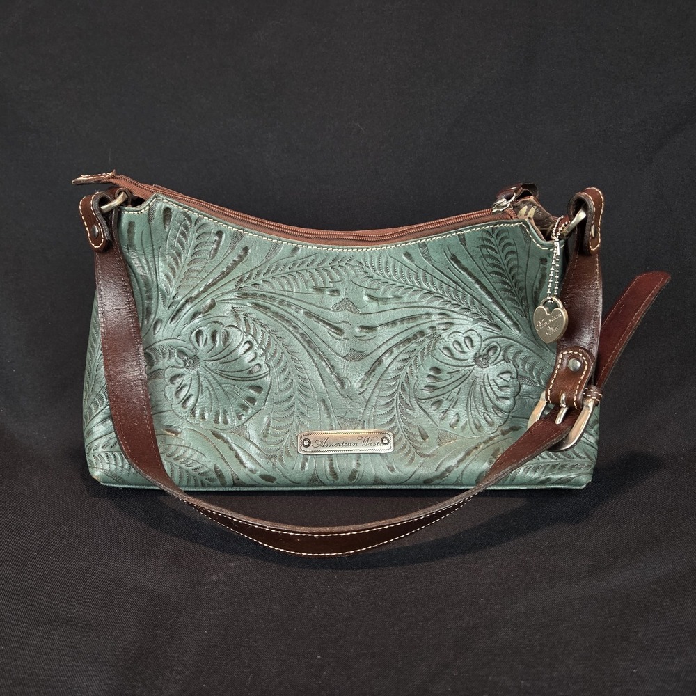 American West Embossed Tooled Leather Western Style Green Handbag Purse Bag